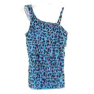 Justice Sz 14 Aqua Lavender Black Animal Print Poly Cotton Blnd One Shoulder Top